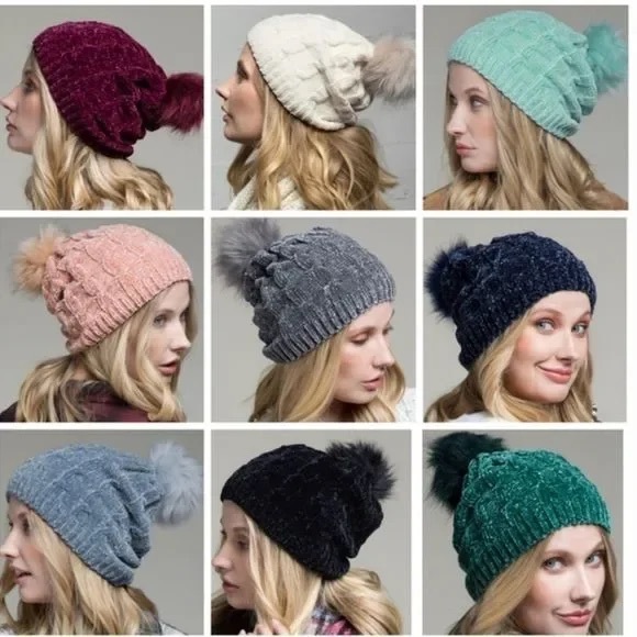 Chenille Soft Knit Whiter Hat with Pom Pom - Picture 4 of 8